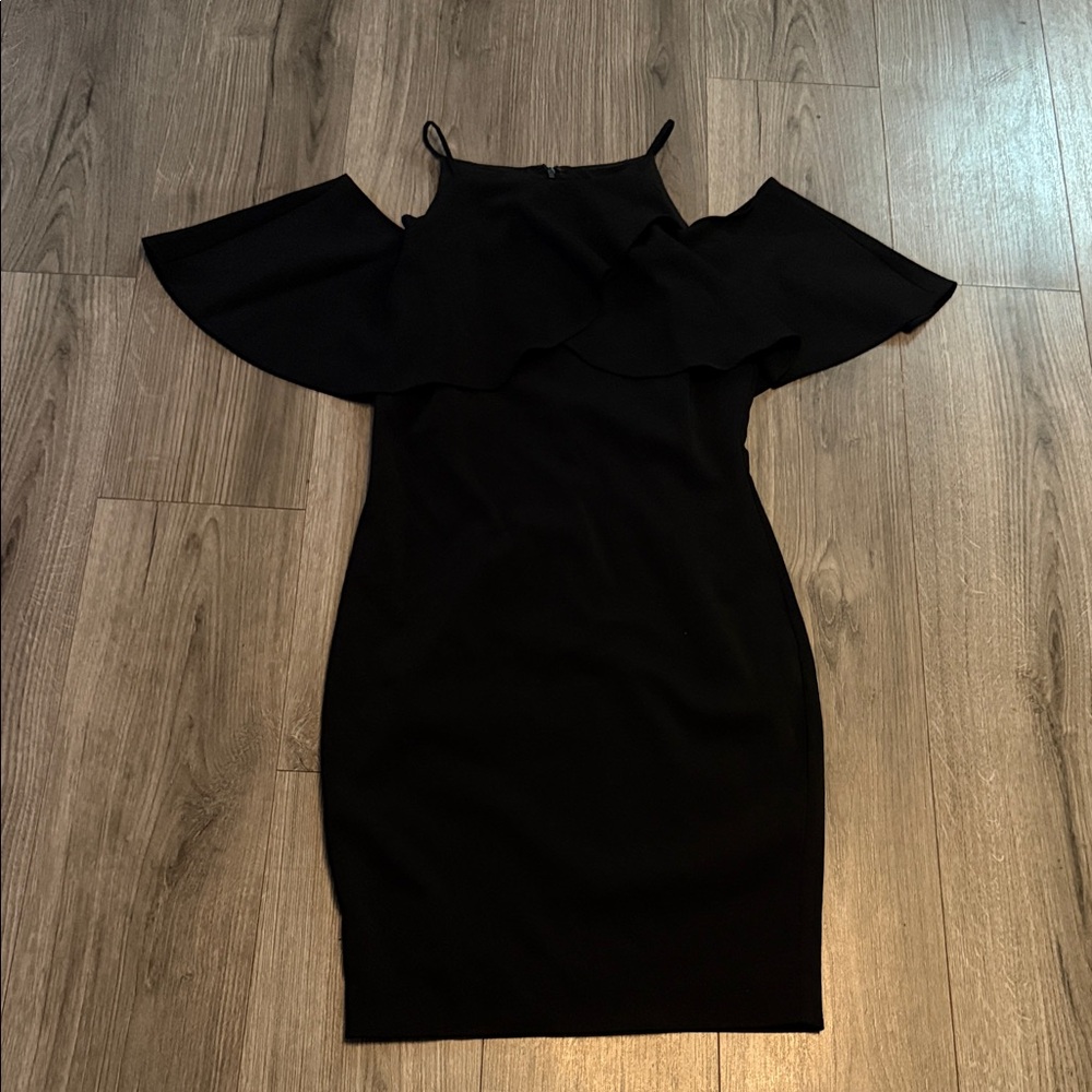Badgley Mischka- Black Off-Shoulder Ruffle Bodycon Dress